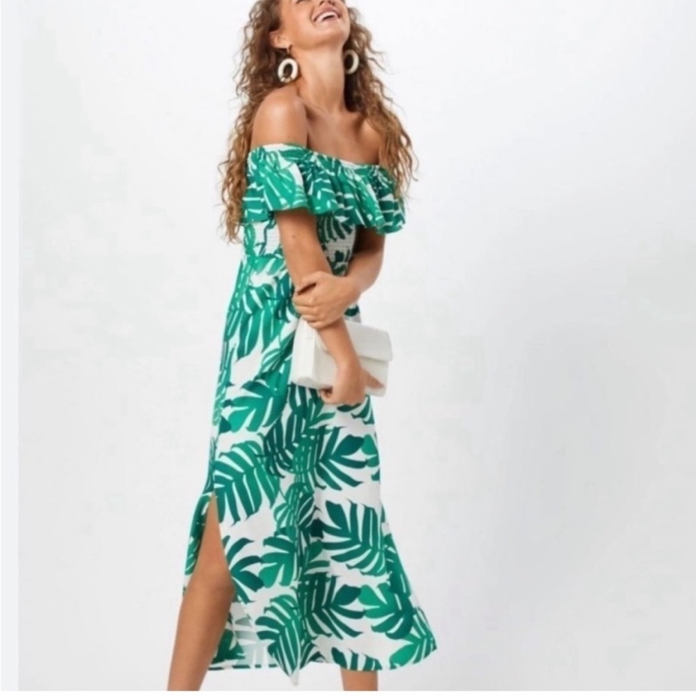 Bardot Tropical Palm Leaf Off Shoulder Maxi Dress